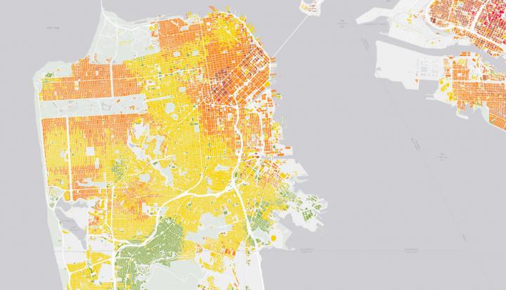 Visualization of the percentage of a building's repair cost to its replacement value after a magnitude 7.0 earthquake in San Francisco